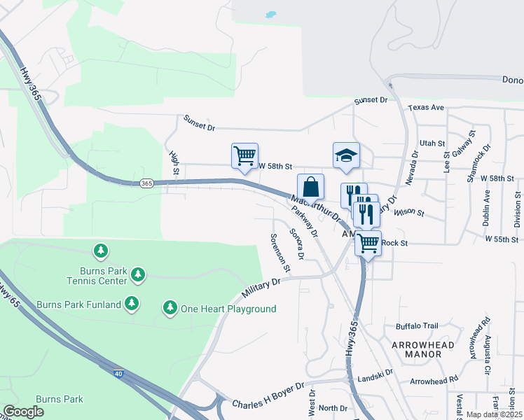 map of restaurants, bars, coffee shops, grocery stores, and more near 5710 Sorenson Street in North Little Rock