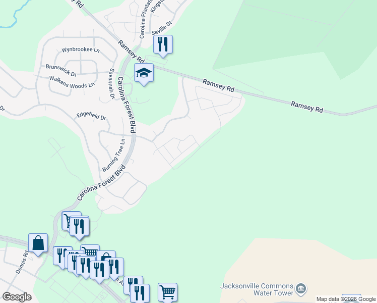 map of restaurants, bars, coffee shops, grocery stores, and more near 501 Streamwood Drive in Jacksonville
