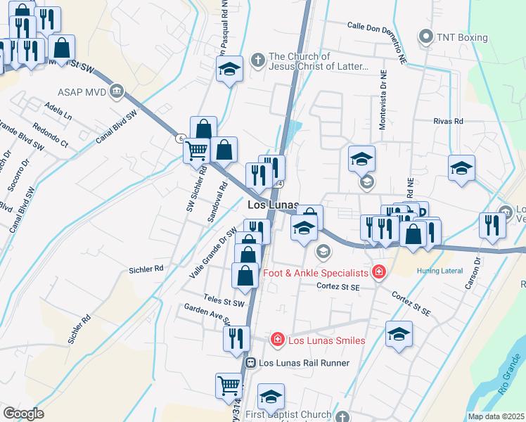 map of restaurants, bars, coffee shops, grocery stores, and more near 123 West Main Street in Los Lunas