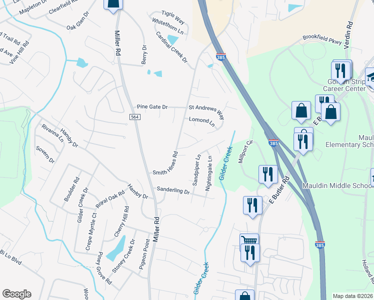 map of restaurants, bars, coffee shops, grocery stores, and more near 323 Smith Hines Road in Greenville