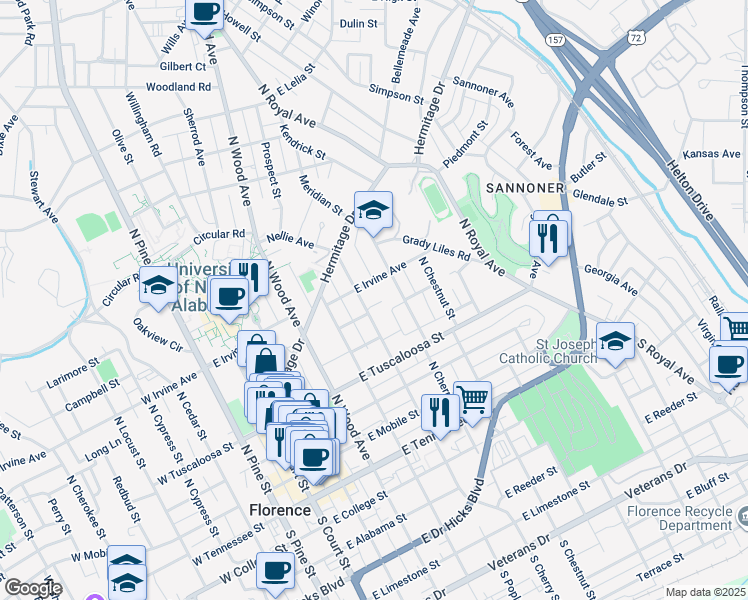 map of restaurants, bars, coffee shops, grocery stores, and more near 508 East Irvine Avenue in Florence