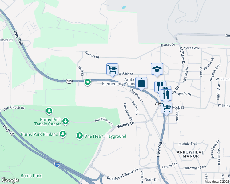 map of restaurants, bars, coffee shops, grocery stores, and more near 5710 Sorenson Street in North Little Rock