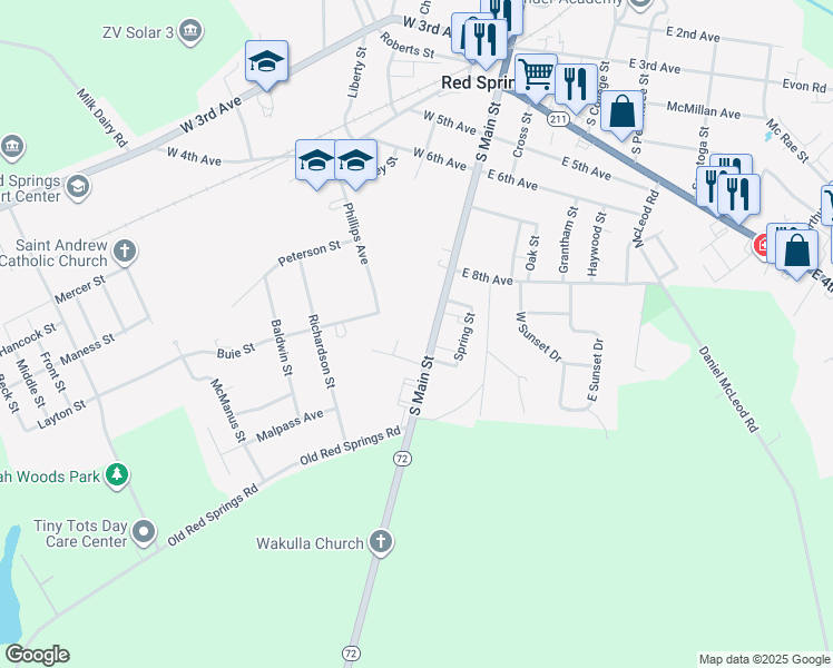 map of restaurants, bars, coffee shops, grocery stores, and more near 710 South Main Street in Red Springs
