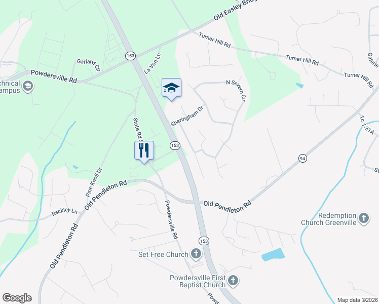 map of restaurants, bars, coffee shops, grocery stores, and more near 116 Sedgewood Court in Easley