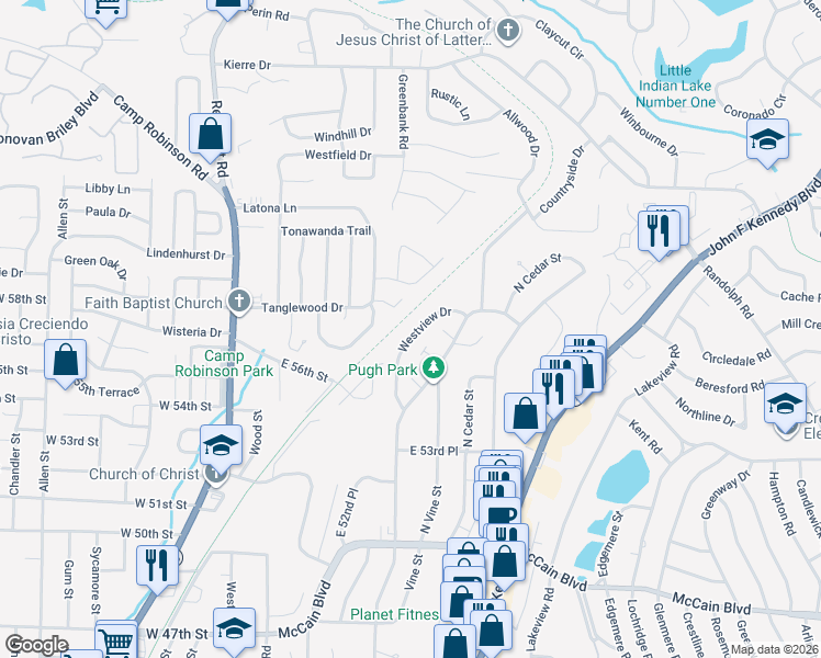 map of restaurants, bars, coffee shops, grocery stores, and more near 5521 Westview Drive in North Little Rock
