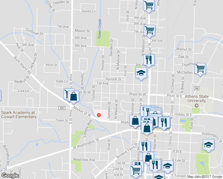 map of restaurants, bars, coffee shops, grocery stores, and more near 406 Sanders Street in Athens