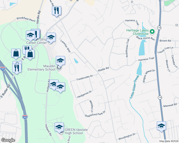 map of restaurants, bars, coffee shops, grocery stores, and more near 204 Branchester Court in Greenville