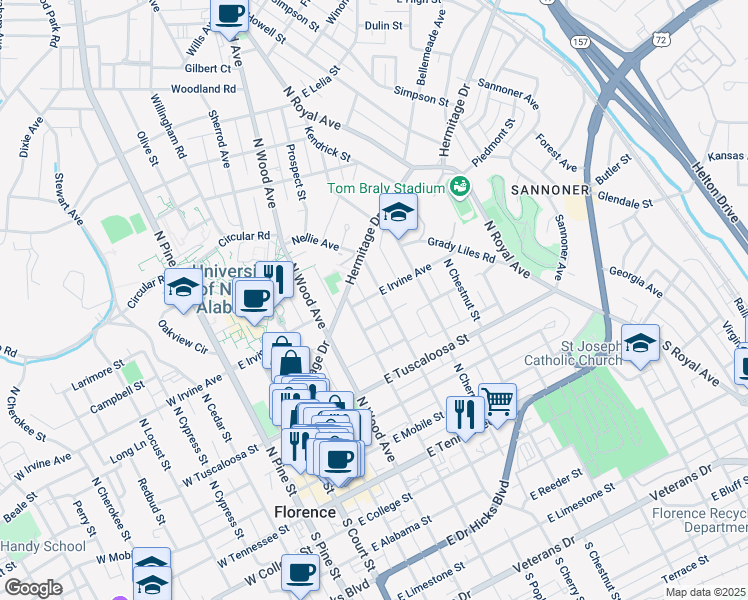 map of restaurants, bars, coffee shops, grocery stores, and more near 414 Hermitage Drive in Florence