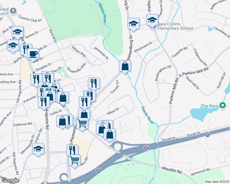 map of restaurants, bars, coffee shops, grocery stores, and more near 117 Crosby Circle in Greenville