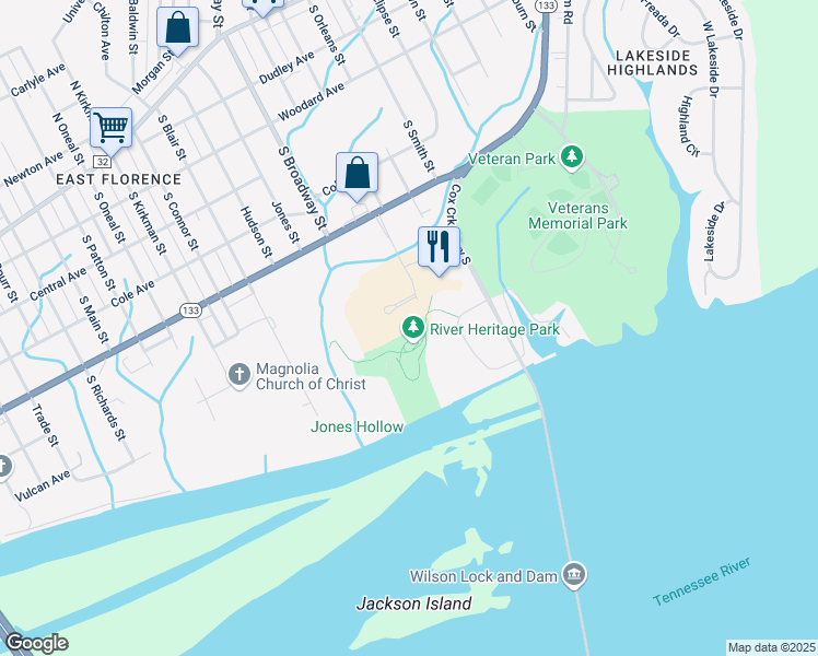 map of restaurants, bars, coffee shops, grocery stores, and more near 800 Cox Creek Parkway South in Florence