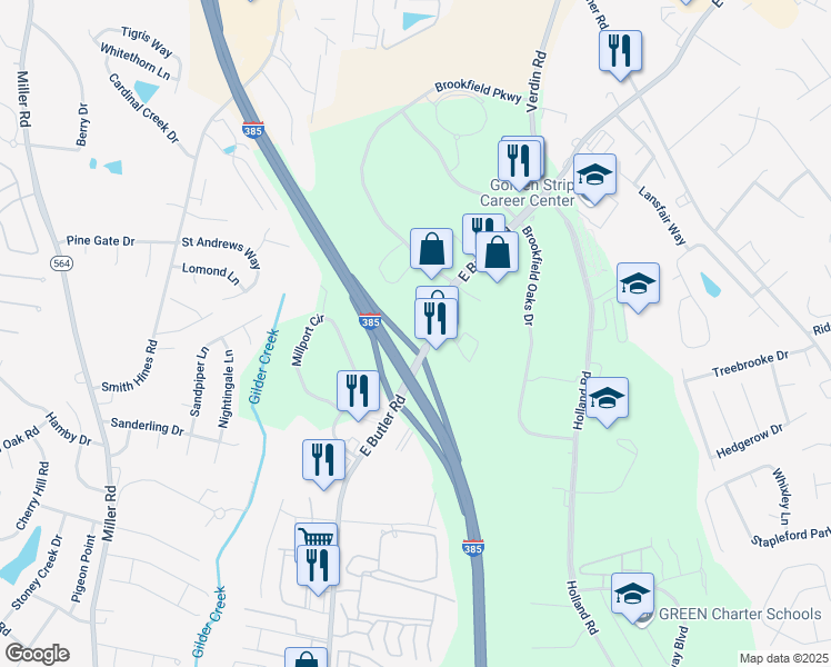 map of restaurants, bars, coffee shops, grocery stores, and more near 1009 East Butler Road in Greenville