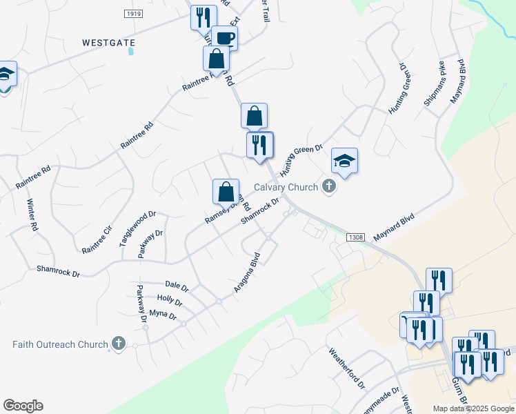 map of restaurants, bars, coffee shops, grocery stores, and more near 110 Shamrock Drive in Jacksonville