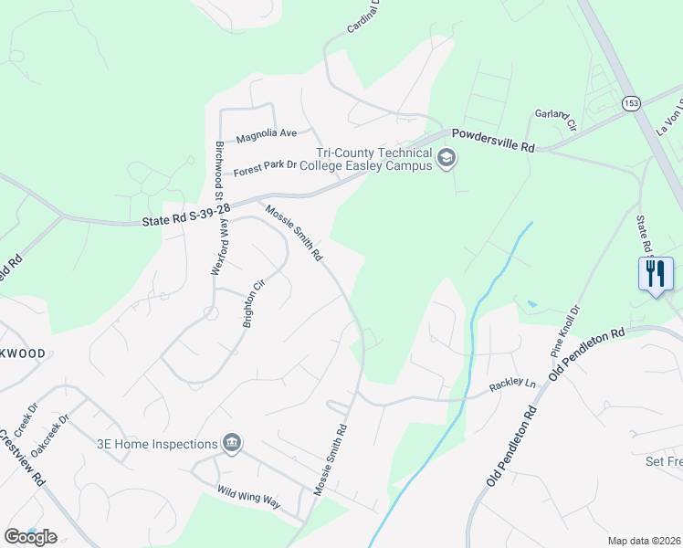 map of restaurants, bars, coffee shops, grocery stores, and more near 170 Mossie Smith Road in Easley