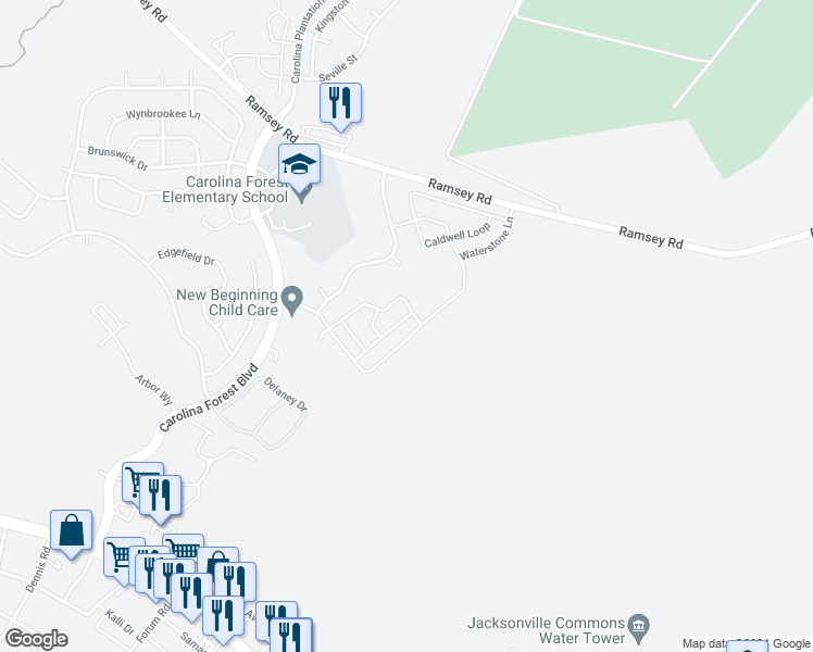 map of restaurants, bars, coffee shops, grocery stores, and more near 606 Streamwood Drive in Jacksonville