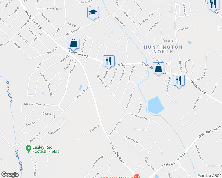 map of restaurants, bars, coffee shops, grocery stores, and more near 301 Roosevelt Drive in Easley