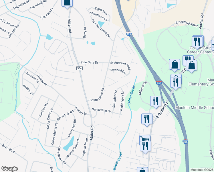 map of restaurants, bars, coffee shops, grocery stores, and more near 323 Smith Hines Road in Greenville