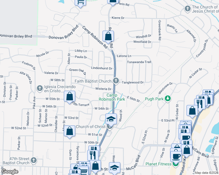 map of restaurants, bars, coffee shops, grocery stores, and more near 105 Wisteria Drive in North Little Rock