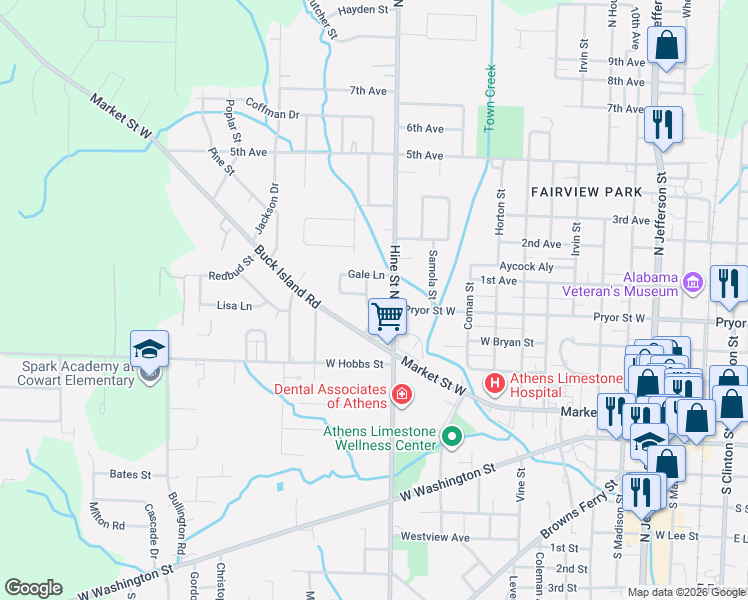 map of restaurants, bars, coffee shops, grocery stores, and more near 307 Hine Street South in Athens