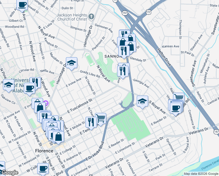 map of restaurants, bars, coffee shops, grocery stores, and more near 827 East Tuscaloosa Street in Florence