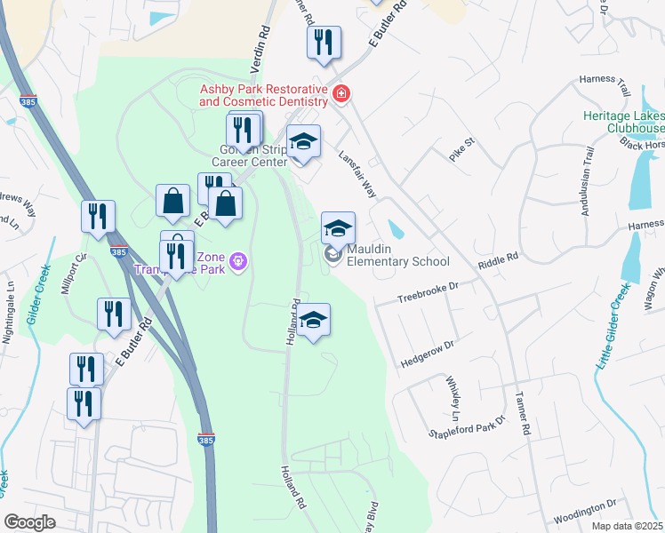 map of restaurants, bars, coffee shops, grocery stores, and more near 1194 Holland Road in Simpsonville