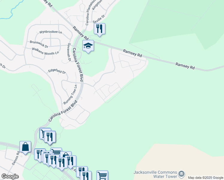 map of restaurants, bars, coffee shops, grocery stores, and more near 501 Streamwood Drive in Jacksonville