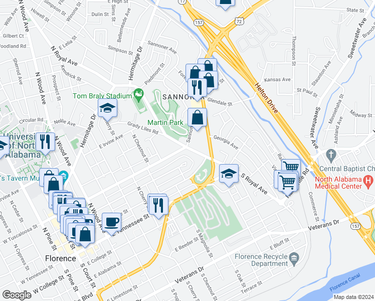 map of restaurants, bars, coffee shops, grocery stores, and more near 233 North Royal Avenue in Florence