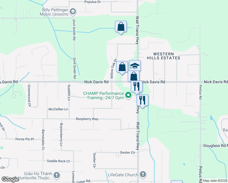 map of restaurants, bars, coffee shops, grocery stores, and more near 107 Silverleaf Drive in Harvest