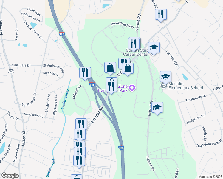 map of restaurants, bars, coffee shops, grocery stores, and more near 1009-1017 East Butler Road in Greenville