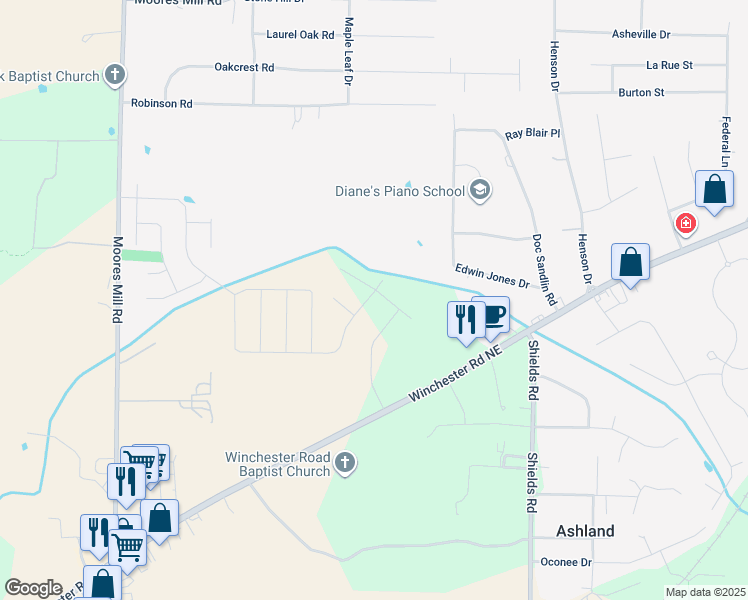 map of restaurants, bars, coffee shops, grocery stores, and more near 1337 Winchester Road Northeast in Huntsville