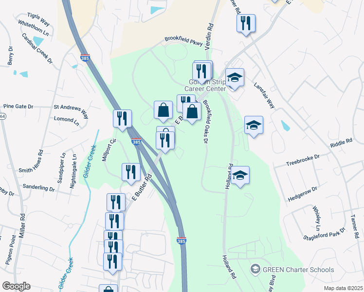 map of restaurants, bars, coffee shops, grocery stores, and more near 555 New Commerce Court in Greenville