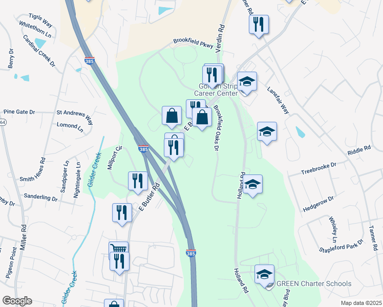 map of restaurants, bars, coffee shops, grocery stores, and more near 555 New Commerce Court in Greenville