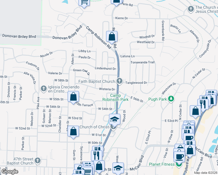 map of restaurants, bars, coffee shops, grocery stores, and more near 105 Wisteria Drive in North Little Rock