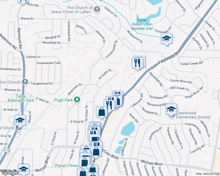 map of restaurants, bars, coffee shops, grocery stores, and more near 5709 Belle Point Road in North Little Rock
