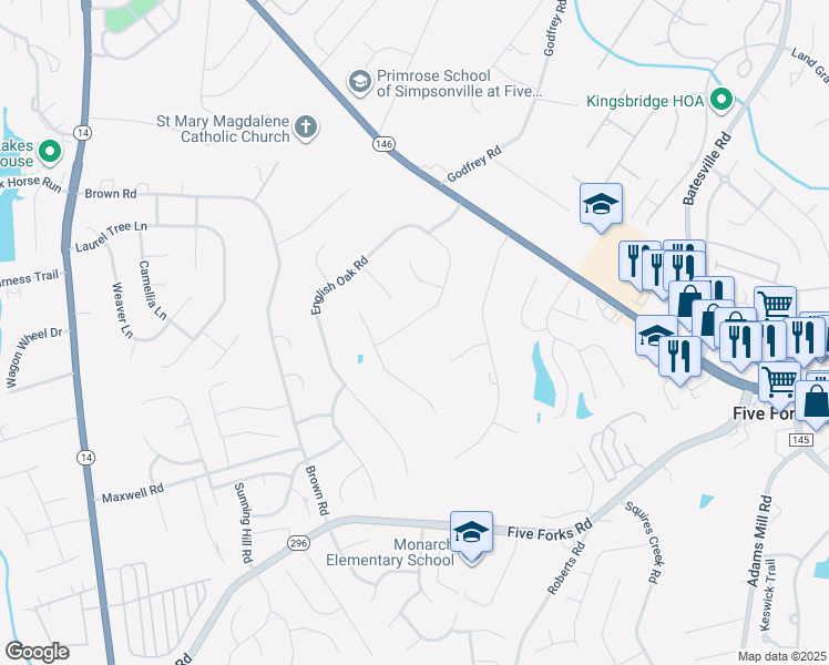 map of restaurants, bars, coffee shops, grocery stores, and more near 217 Millstone Way in Simpsonville