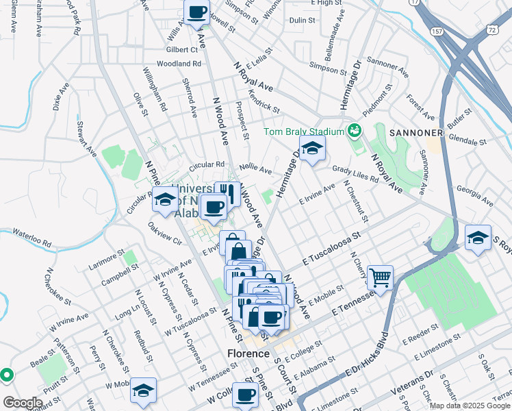 map of restaurants, bars, coffee shops, grocery stores, and more near 618 North Wood Avenue in Florence