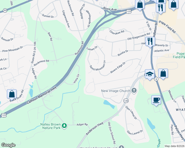 map of restaurants, bars, coffee shops, grocery stores, and more near 109 Buck Hill Way in Easley