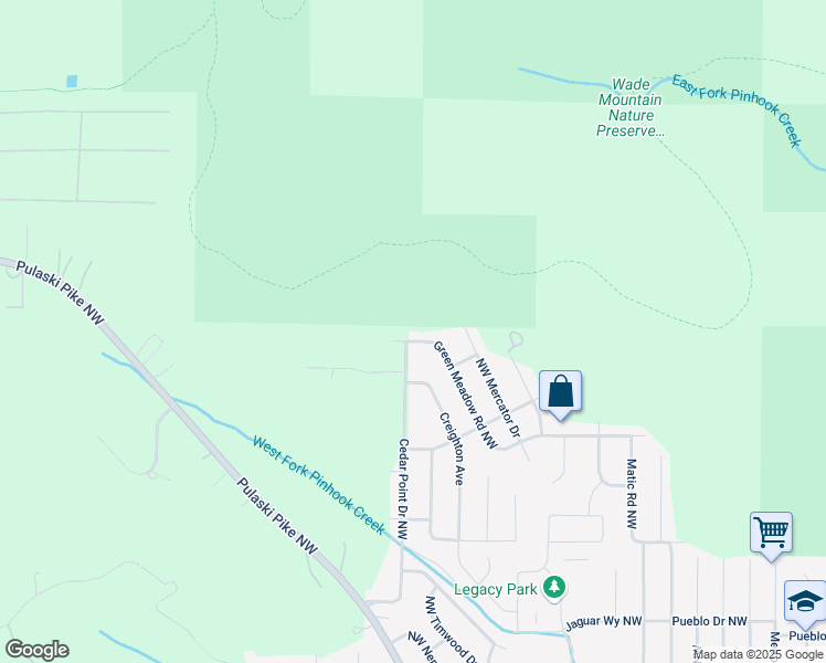 map of restaurants, bars, coffee shops, grocery stores, and more near 6600 Green Meadow Road Northwest in Huntsville