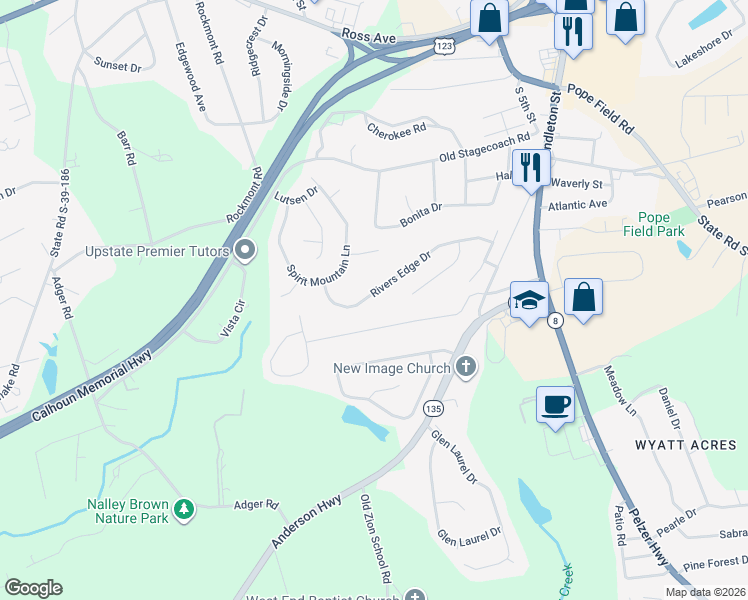 map of restaurants, bars, coffee shops, grocery stores, and more near 277 Rivers Edge Drive in Easley