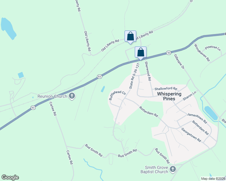 map of restaurants, bars, coffee shops, grocery stores, and more near 128 Bufflehead Cir in Liberty