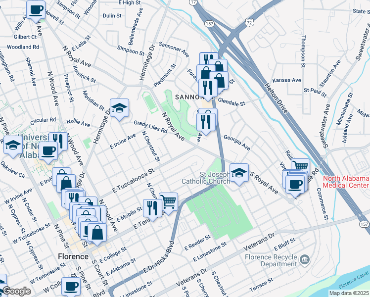 map of restaurants, bars, coffee shops, grocery stores, and more near 827 East Tuscaloosa Street in Florence