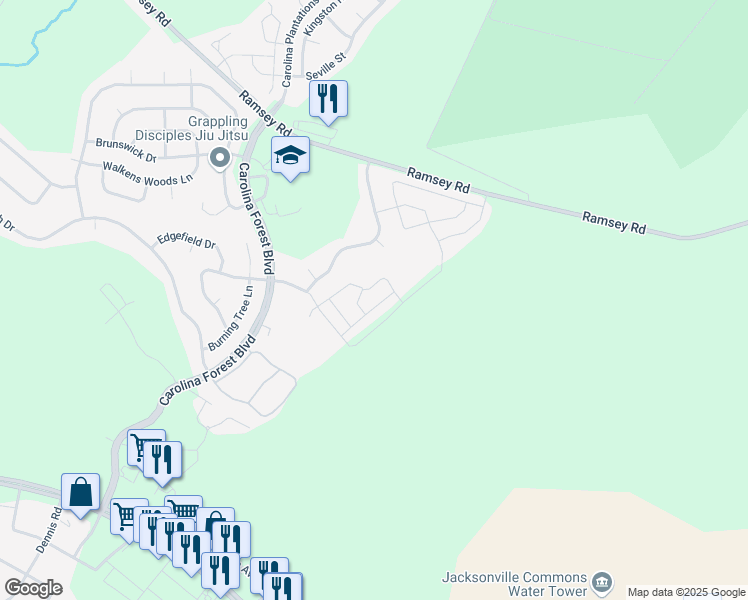 map of restaurants, bars, coffee shops, grocery stores, and more near 509 Streamwood Drive in Jacksonville