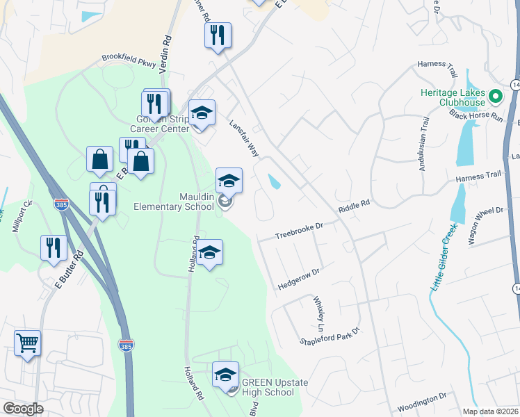 map of restaurants, bars, coffee shops, grocery stores, and more near 334 Surrywood Drive in Greenville