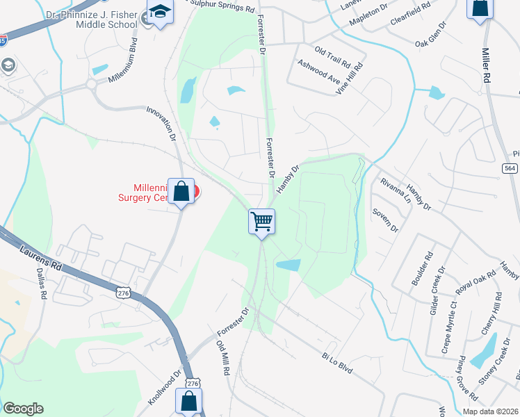 map of restaurants, bars, coffee shops, grocery stores, and more near 220 Forrester Drive in Greenville