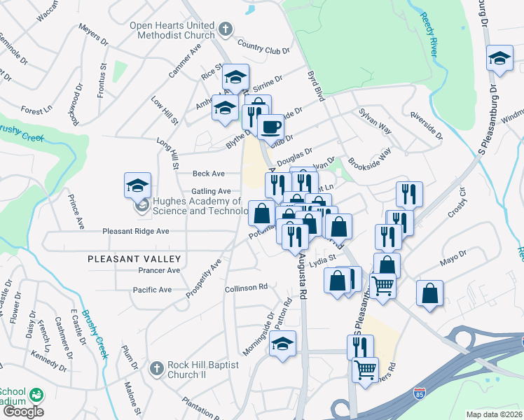 map of restaurants, bars, coffee shops, grocery stores, and more near 3214 Augusta Street in Greenville