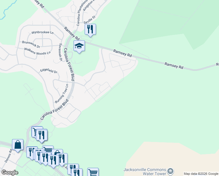 map of restaurants, bars, coffee shops, grocery stores, and more near 100 Springwood Drive in Jacksonville