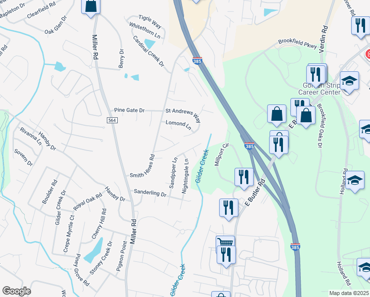 map of restaurants, bars, coffee shops, grocery stores, and more near 121 Sandpiper Lane in Greenville