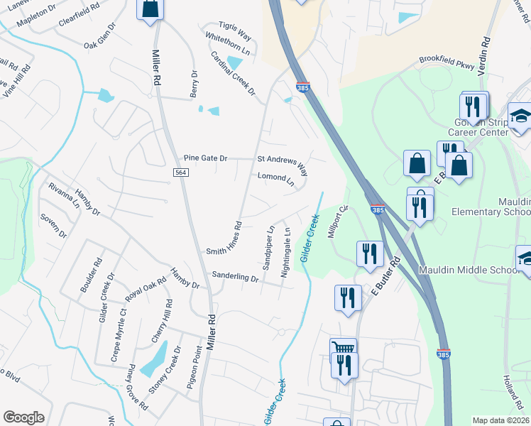 map of restaurants, bars, coffee shops, grocery stores, and more near 323 Smith Hines Road in Greenville