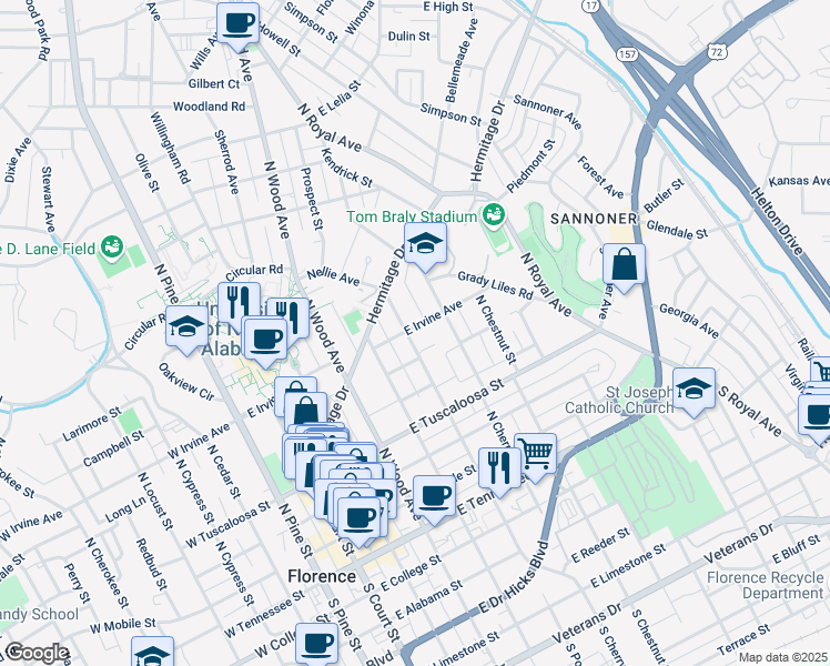 map of restaurants, bars, coffee shops, grocery stores, and more near 504 East Irvine Avenue in Florence