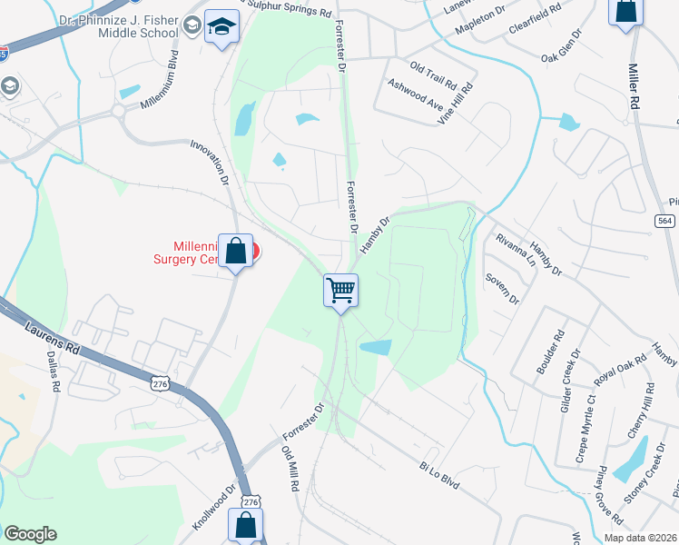 map of restaurants, bars, coffee shops, grocery stores, and more near 220 Forrester Drive in Greenville
