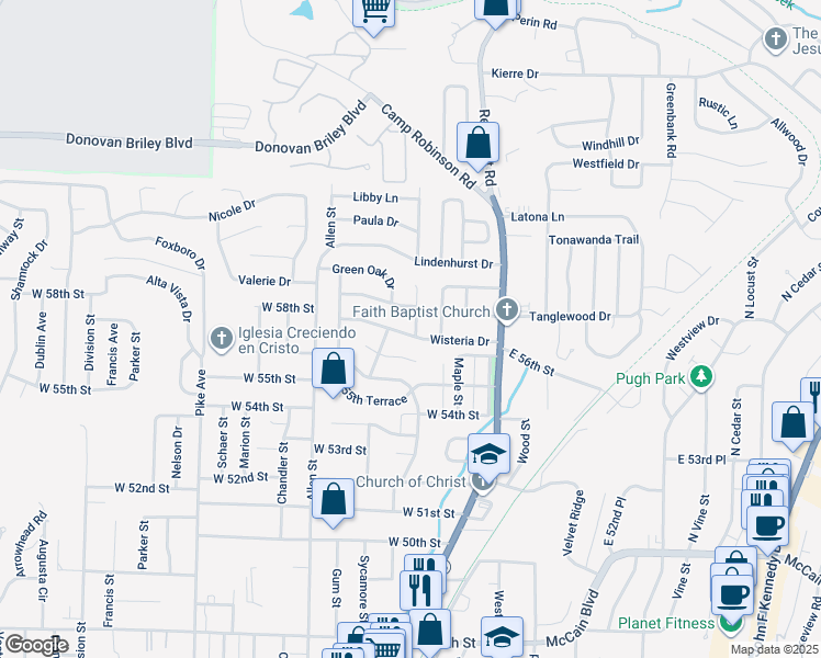 map of restaurants, bars, coffee shops, grocery stores, and more near 5701 Wisteria Court in North Little Rock